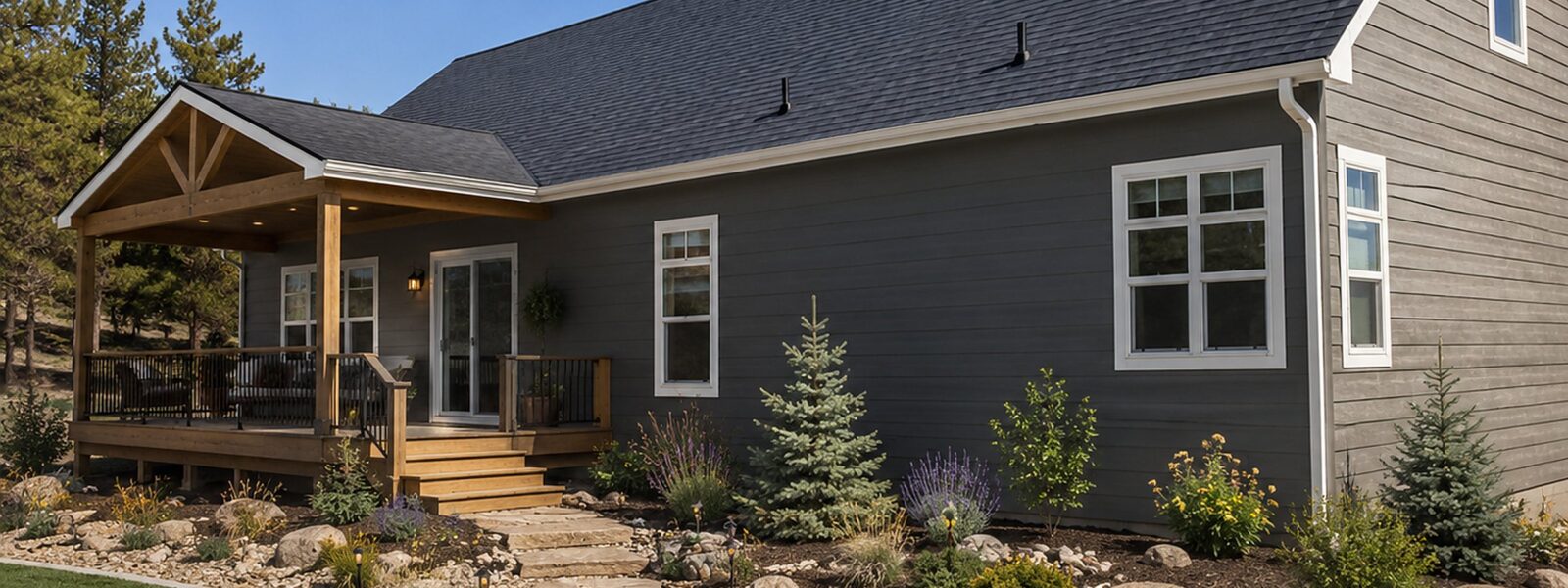 Modular home with covered wood porch set among ponderosa pines in the Colorado foothills