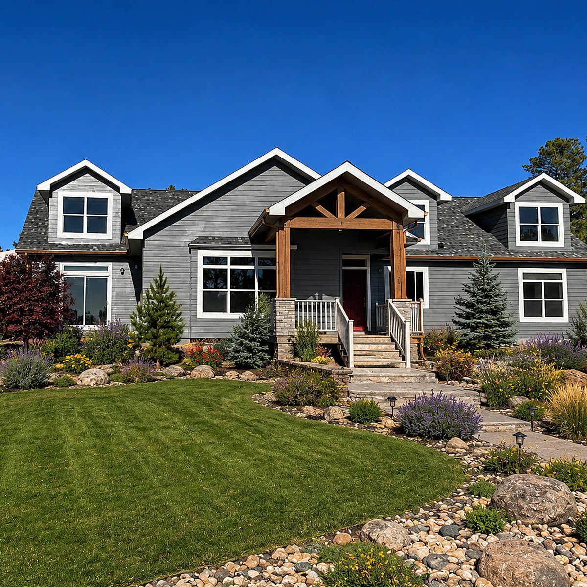 Front elevation of a two-story modular home built on private land in Colorado by Accolade Homes