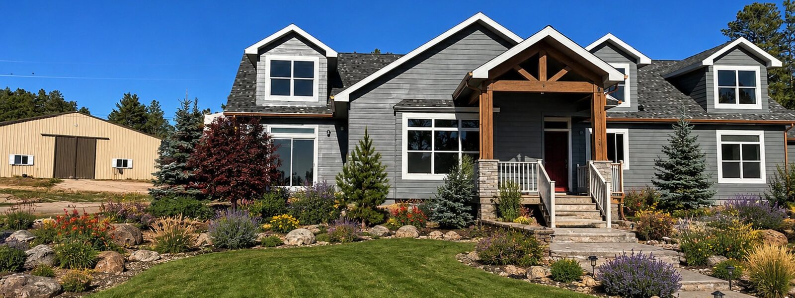 Two-story modular home with timber entry porch and landscaped yard built by Accolade Homes in Colorado