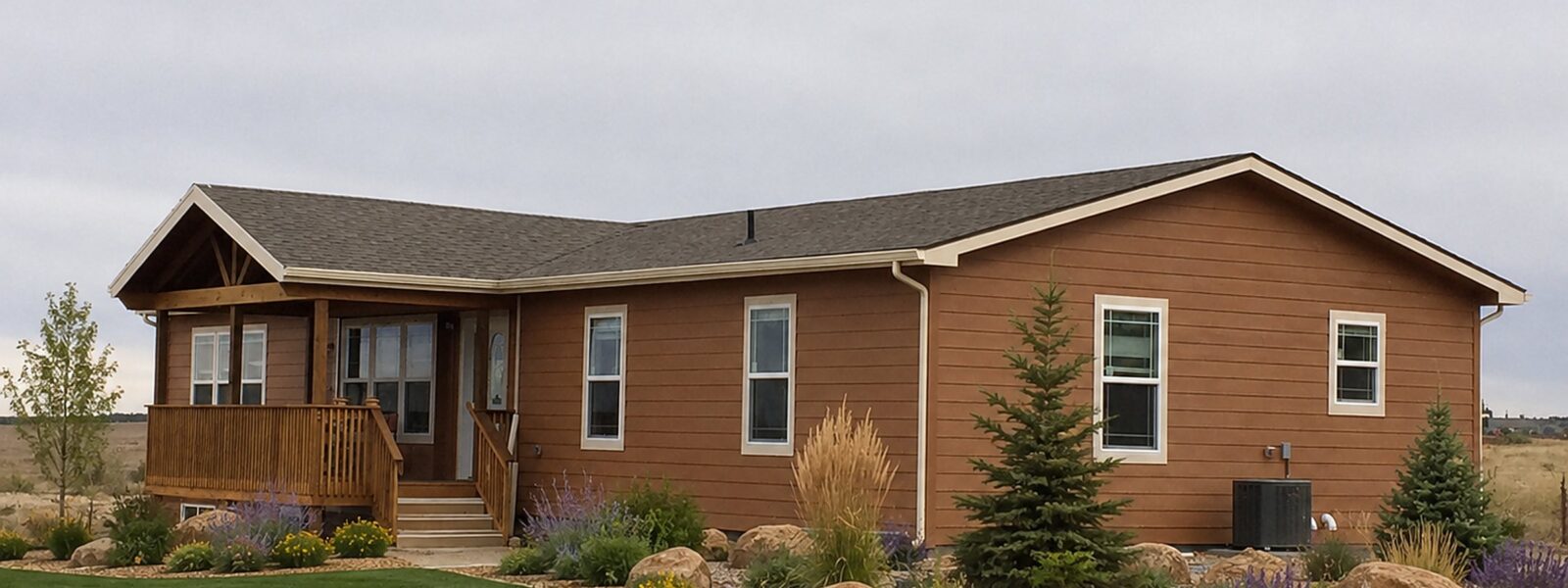 Ranch-style modular home on open Colorado plains acreage with xeriscape landscaping and boulders
