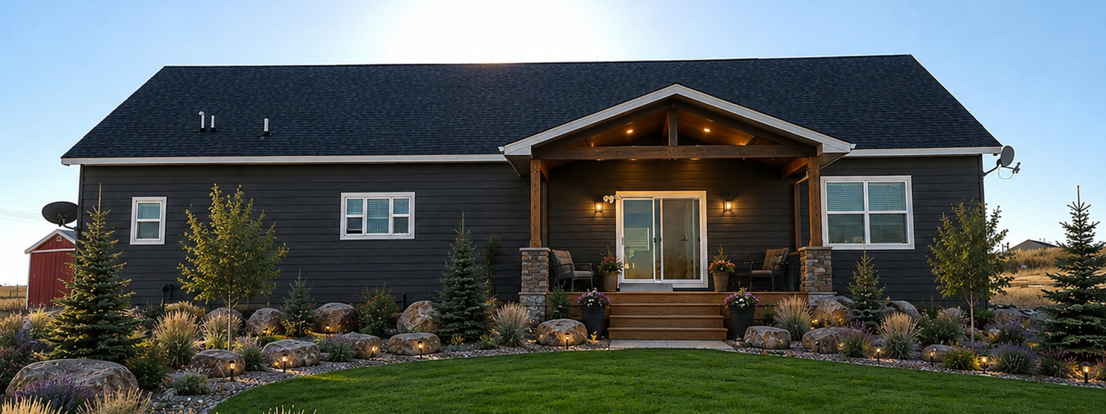 Charcoal modular ranch home with a lit timber porch at dusk in Colorado